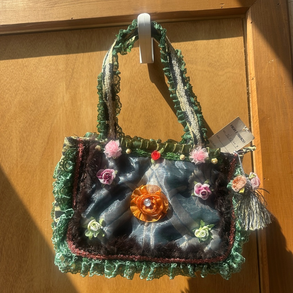 Vintage Floral Embellished Green and Orange Women's Bag